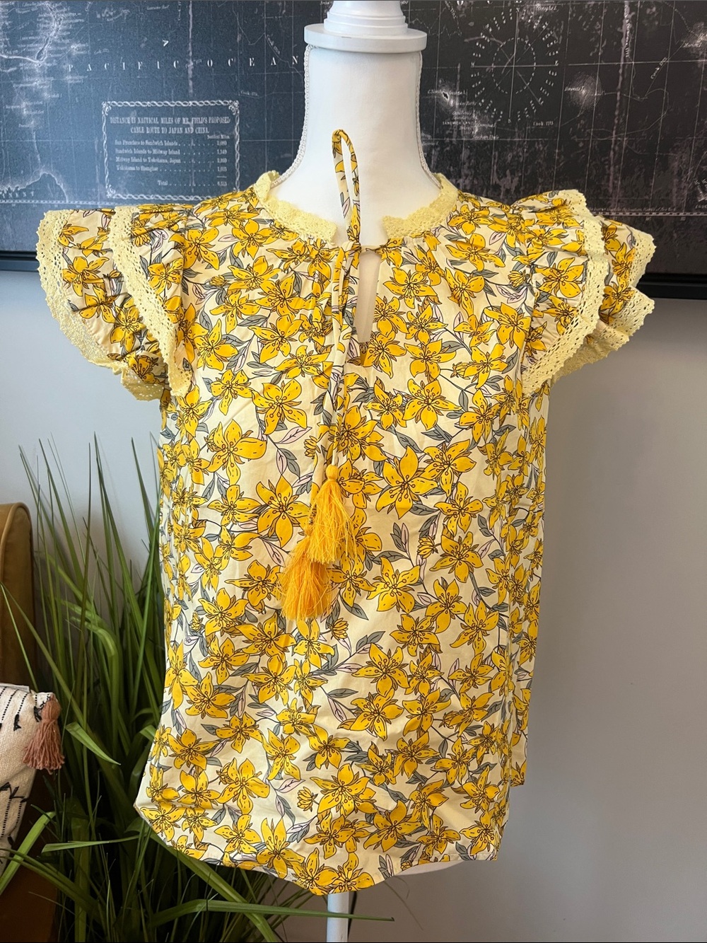 Yellow Floral Tie-Neck Blouse